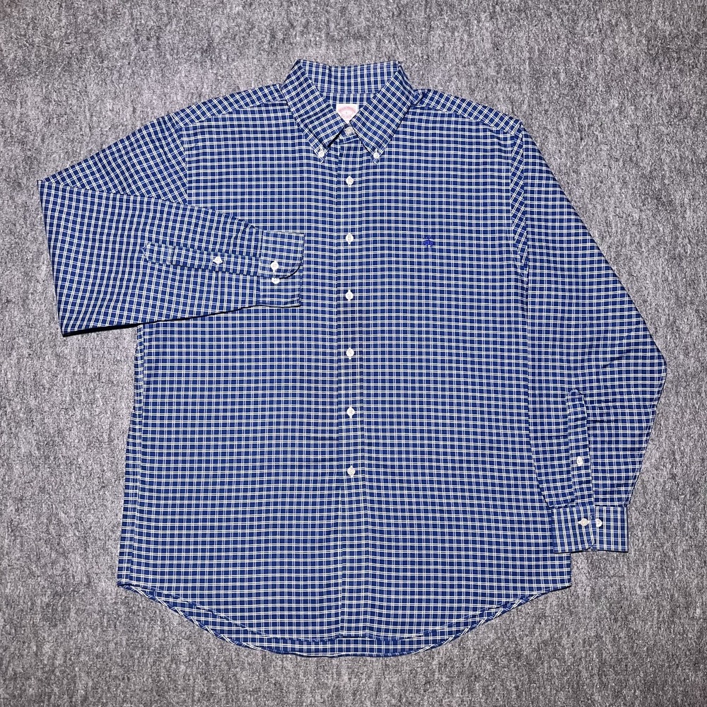 Brooks Brothers 1818 Supima Oxford Button Down Shirt Men Large Blue Check Logo